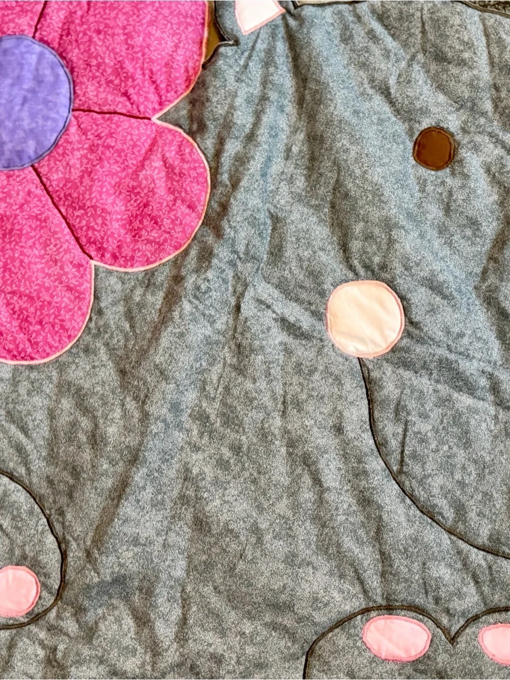 Vintage Handmade Gray Hippo Applique Baby Quilt with Pink Flower